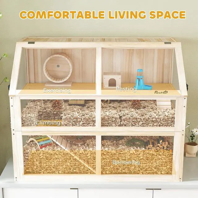 Alt view image 3 of 7 - PawHut Wooden Hamster Cage 3 Tier for Dwarf Gerbil 37"x21"x30" Natural | Small Animal Cage, Detachable 12.4" Deep Bottom, Hut, Seesaw, Exercise Wheel, Ramps, Hamster Habitat