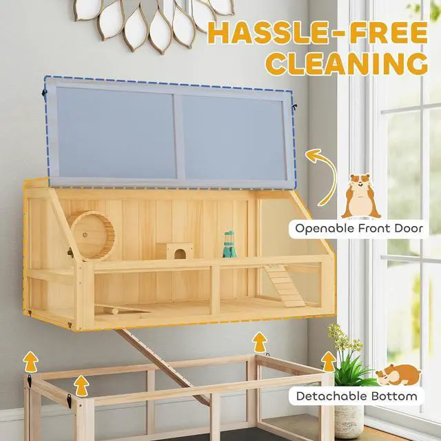 Alt view image 5 of 7 - PawHut Wooden Hamster Cage 3 Tier for Dwarf Gerbil 37"x21"x30" Natural | Small Animal Cage, Detachable 12.4" Deep Bottom, Hut, Seesaw, Exercise Wheel, Ramps, Hamster Habitat