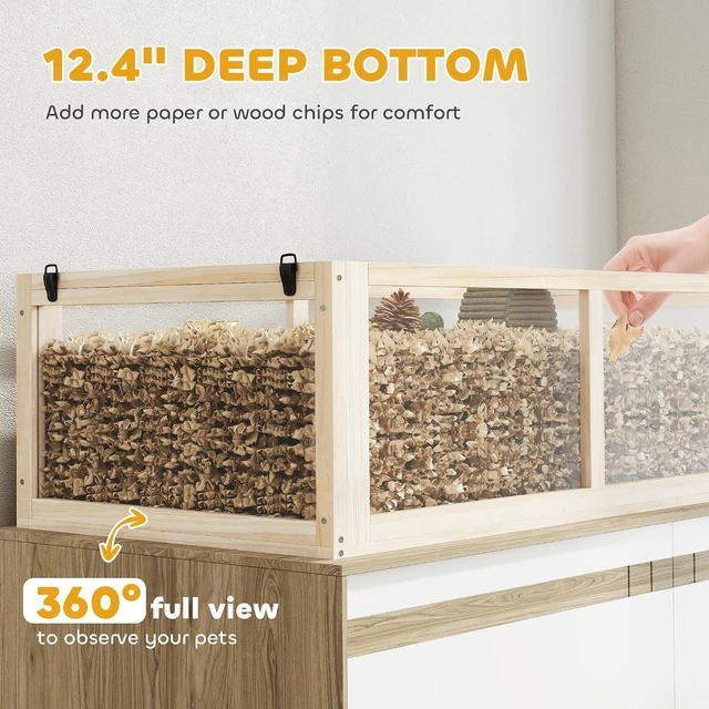 Alt view image 4 of 7 - PawHut Wooden Hamster Cage 3 Tier for Dwarf Gerbil 37"x21"x30" Natural | Small Animal Cage, Detachable 12.4" Deep Bottom, Hut, Seesaw, Exercise Wheel, Ramps, Hamster Habitat