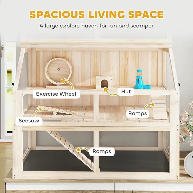 Alt view image 6 of 7 - PawHut Wooden Hamster Cage 3 Tier for Dwarf Gerbil 37"x21"x30" Natural | Small Animal Cage, Detachable 12.4" Deep Bottom, Hut, Seesaw, Exercise Wheel, Ramps, Hamster Habitat