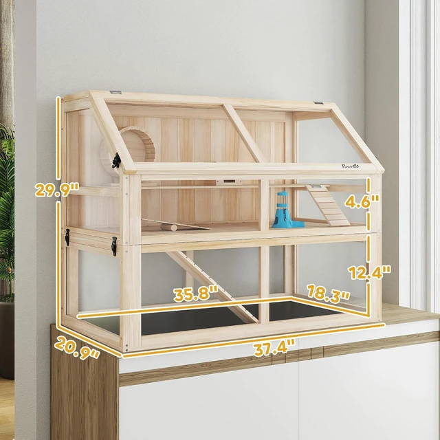 Alt view image 7 of 7 - PawHut Wooden Hamster Cage 3 Tier for Dwarf Gerbil 37"x21"x30" Natural | Small Animal Cage, Detachable 12.4" Deep Bottom, Hut, Seesaw, Exercise Wheel, Ramps, Hamster Habitat