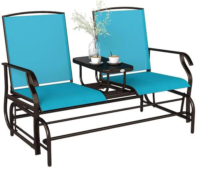 Main image of Outdoor Glider Bench with Center Table Metal Frame Armrests Blue | Patio Loveseat, Breathable Mesh Fabric, for Backyard Garden Porch