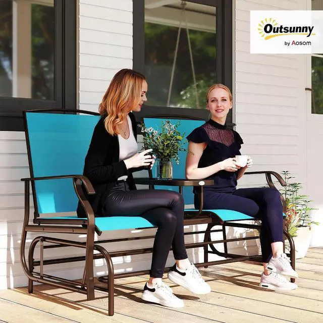 Alt view image 2 of 7 - Outdoor Glider Bench with Center Table Metal Frame Armrests Blue | Patio Loveseat, Breathable Mesh Fabric, for Backyard Garden Porch
