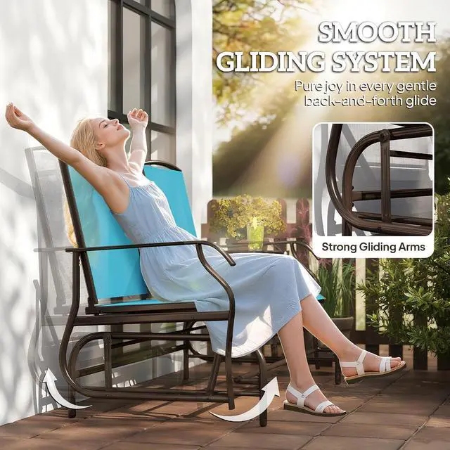 Alt view image 3 of 7 - Outdoor Glider Bench with Center Table Metal Frame Armrests Blue | Patio Loveseat, Breathable Mesh Fabric, for Backyard Garden Porch