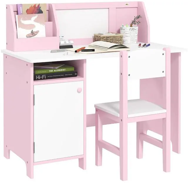 Main image of Qaba Toddler Desk and Chair Set for Kids Whiteboard Storage Cabinet Pink | Kids Writing Desk Study Table, for Children, Child Furniture, Art Gifts