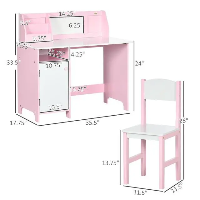 Alt view image 3 of 7 - Qaba Toddler Desk and Chair Set for Kids Whiteboard Storage Cabinet Pink | Kids Writing Desk Study Table, for Children, Child Furniture, Art Gifts