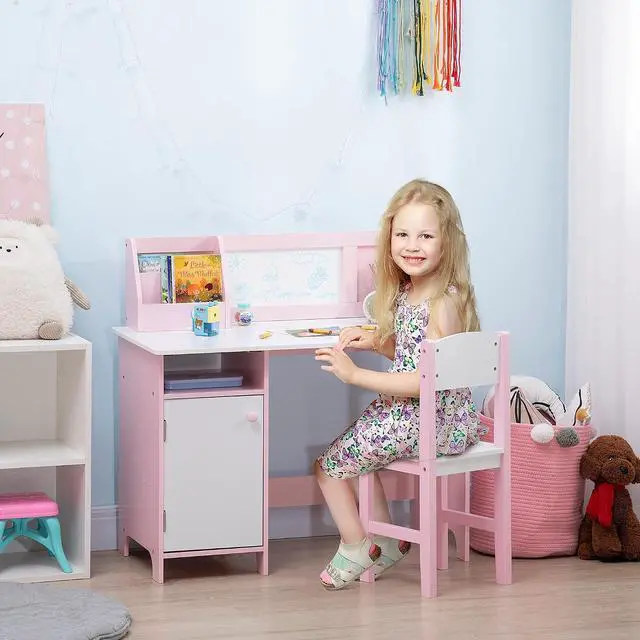 Alt view image 2 of 7 - Qaba Toddler Desk and Chair Set for Kids Whiteboard Storage Cabinet Pink | Kids Writing Desk Study Table, for Children, Child Furniture, Art Gifts