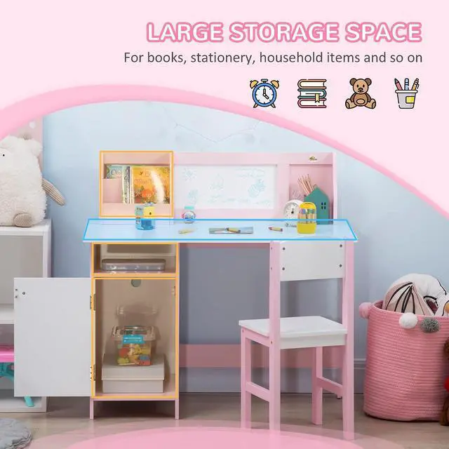 Alt view image 4 of 7 - Qaba Toddler Desk and Chair Set for Kids Whiteboard Storage Cabinet Pink | Kids Writing Desk Study Table, for Children, Child Furniture, Art Gifts