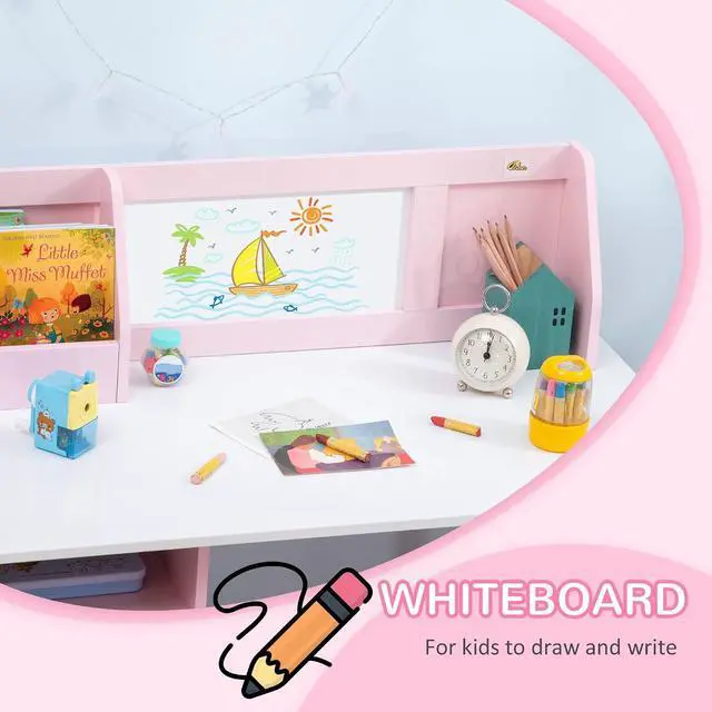 Alt view image 5 of 7 - Qaba Toddler Desk and Chair Set for Kids Whiteboard Storage Cabinet Pink | Kids Writing Desk Study Table, for Children, Child Furniture, Art Gifts