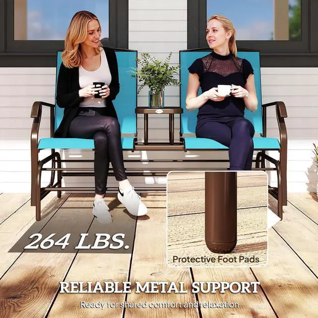 Alt view image 6 of 7 - Outdoor Glider Bench with Center Table Metal Frame Armrests Blue | Patio Loveseat, Breathable Mesh Fabric, for Backyard Garden Porch