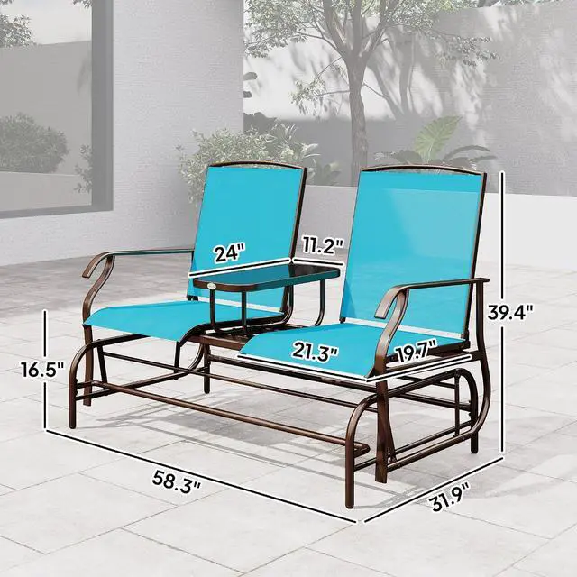 Alt view image 7 of 7 - Outdoor Glider Bench with Center Table Metal Frame Armrests Blue | Patio Loveseat, Breathable Mesh Fabric, for Backyard Garden Porch