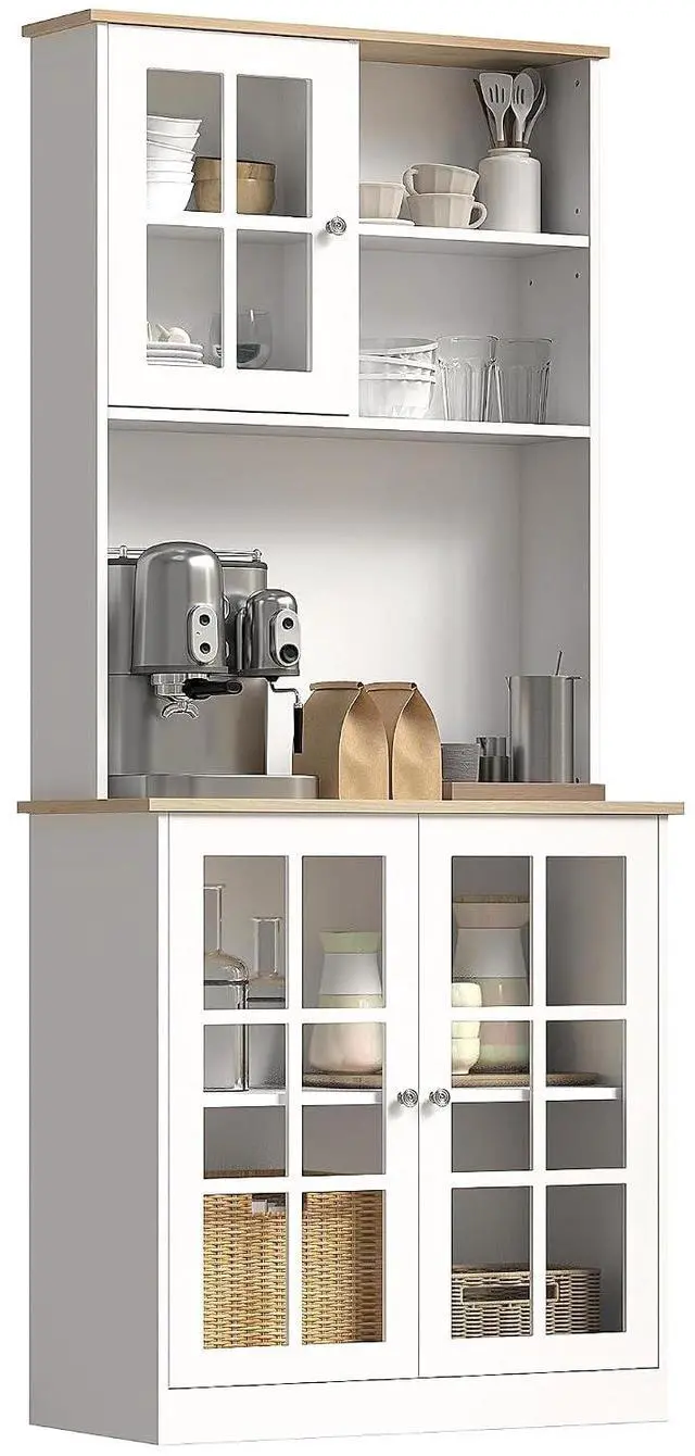 Main image of Kitchen Pantry Storage Cabinet 72" with Hutch, Off White | Large Countertop, Freestanding, Glass Doors, Adjustable Shelves, Dining Room