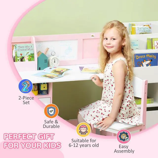 Alt view image 6 of 7 - Qaba Toddler Desk and Chair Set for Kids Whiteboard Storage Cabinet Pink | Kids Writing Desk Study Table, for Children, Child Furniture, Art Gifts