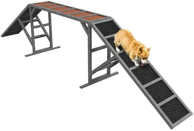 Main image of PawHut Wooden Dog Agility Equipment Dog Playground Ramp Non-Slip Gray | Safety Bar, Pet Obstacle Course, for Park Backyard, Walk and Pause Training