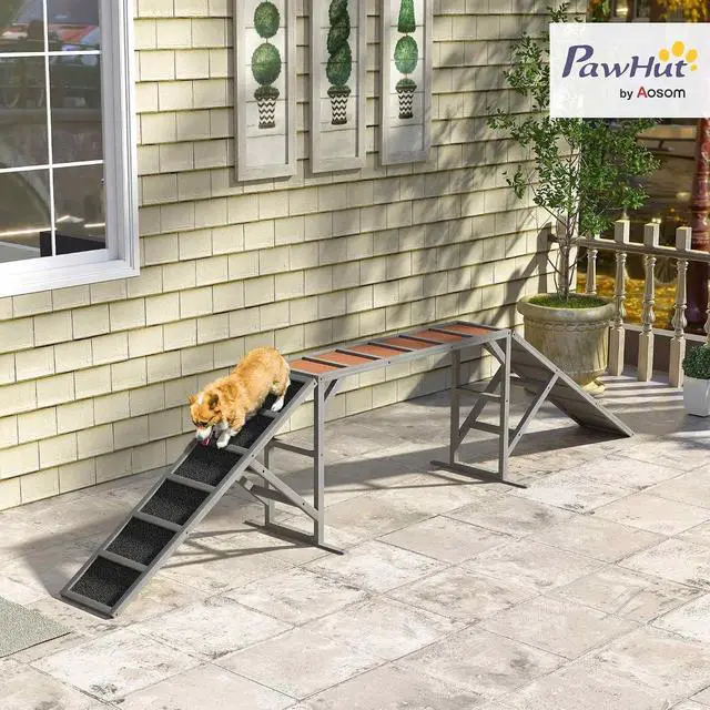 Alt view image 2 of 7 - PawHut Wooden Dog Agility Equipment Dog Playground Ramp Non-Slip Gray | Safety Bar, Pet Obstacle Course, for Park Backyard, Walk and Pause Training