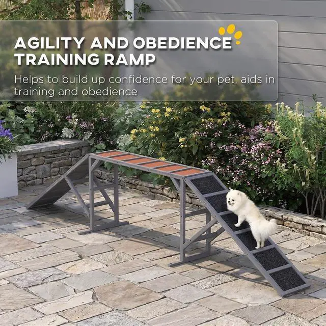 Alt view image 3 of 7 - PawHut Wooden Dog Agility Equipment Dog Playground Ramp Non-Slip Gray | Safety Bar, Pet Obstacle Course, for Park Backyard, Walk and Pause Training