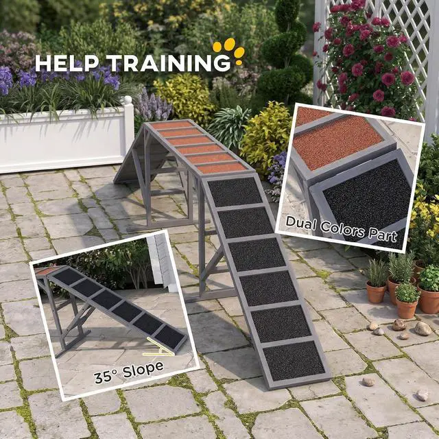 Alt view image 4 of 7 - PawHut Wooden Dog Agility Equipment Dog Playground Ramp Non-Slip Gray | Safety Bar, Pet Obstacle Course, for Park Backyard, Walk and Pause Training
