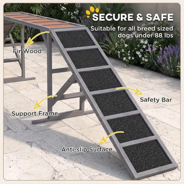 Alt view image 5 of 7 - PawHut Wooden Dog Agility Equipment Dog Playground Ramp Non-Slip Gray | Safety Bar, Pet Obstacle Course, for Park Backyard, Walk and Pause Training