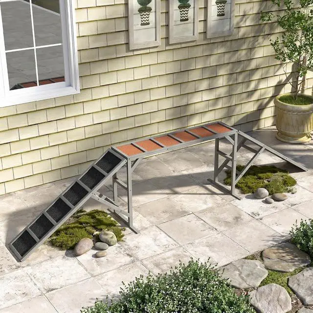 Alt view image 6 of 7 - PawHut Wooden Dog Agility Equipment Dog Playground Ramp Non-Slip Gray | Safety Bar, Pet Obstacle Course, for Park Backyard, Walk and Pause Training