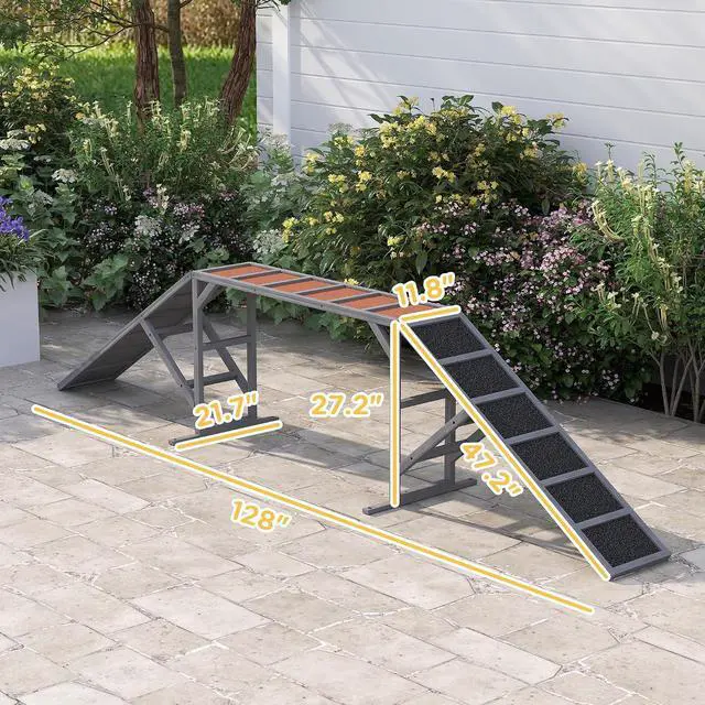 Alt view image 7 of 7 - PawHut Wooden Dog Agility Equipment Dog Playground Ramp Non-Slip Gray | Safety Bar, Pet Obstacle Course, for Park Backyard, Walk and Pause Training