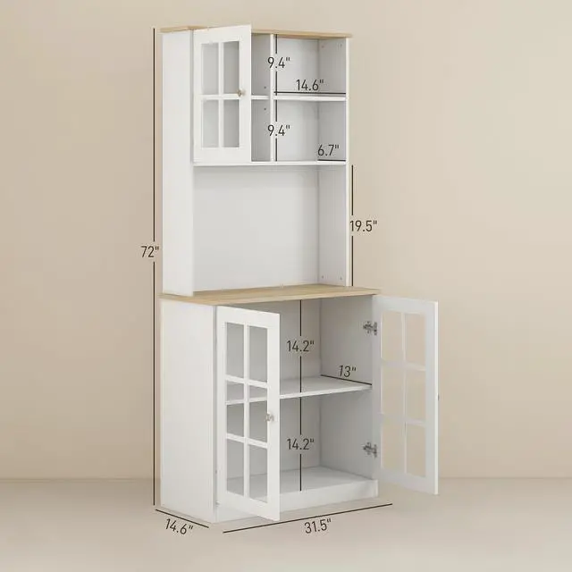 Alt view image 3 of 7 - Kitchen Pantry Storage Cabinet 72" with Hutch, Off White | Large Countertop, Freestanding, Glass Doors, Adjustable Shelves, Dining Room