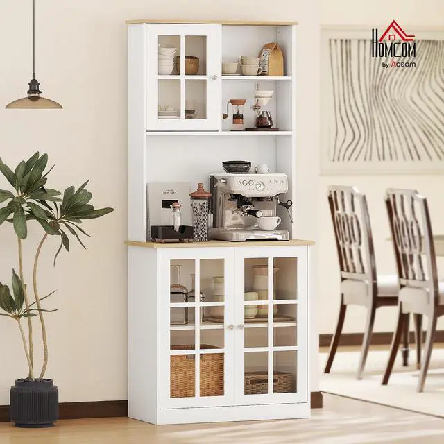 Alt view image 2 of 7 - Kitchen Pantry Storage Cabinet 72" with Hutch, Off White | Large Countertop, Freestanding, Glass Doors, Adjustable Shelves, Dining Room
