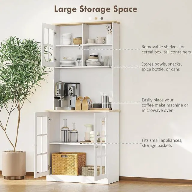 Alt view image 4 of 7 - Kitchen Pantry Storage Cabinet 72" with Hutch, Off White | Large Countertop, Freestanding, Glass Doors, Adjustable Shelves, Dining Room