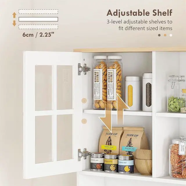 Alt view image 6 of 7 - Kitchen Pantry Storage Cabinet 72" with Hutch, Off White | Large Countertop, Freestanding, Glass Doors, Adjustable Shelves, Dining Room