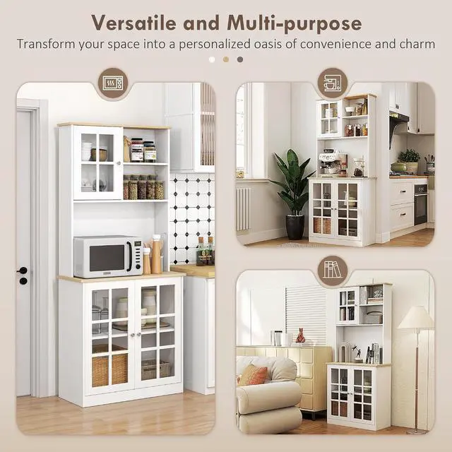 Alt view image 7 of 7 - Kitchen Pantry Storage Cabinet 72" with Hutch, Off White | Large Countertop, Freestanding, Glass Doors, Adjustable Shelves, Dining Room