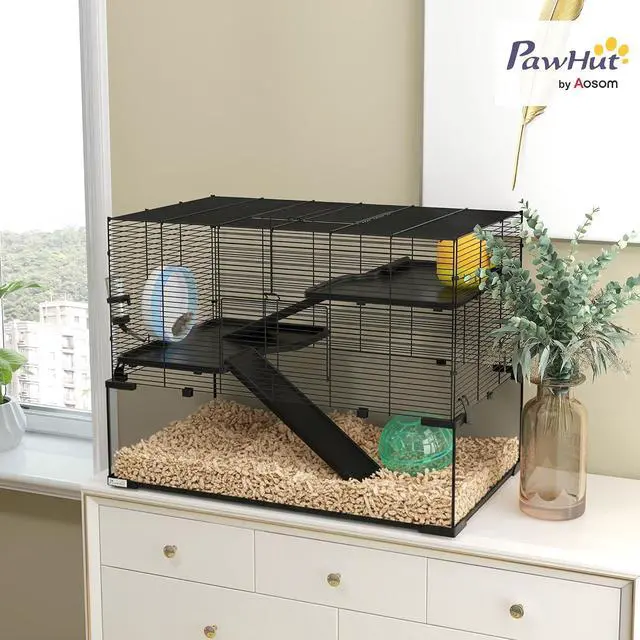Alt view image 2 of 7 - PawHut Large Hamster Cage Deep Tempered Glass Bottom 30"x19"x21.5" Black | 3 Tiers Hamster Tank, Running Wheel, Hut, Water Bottle, Dish, Rat Cage for Syrian, Dwarf, Gerbils, Mouse