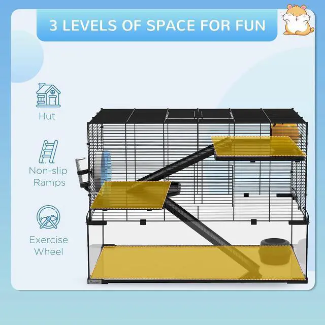 Alt view image 3 of 7 - PawHut Large Hamster Cage Deep Tempered Glass Bottom 30"x19"x21.5" Black | 3 Tiers Hamster Tank, Running Wheel, Hut, Water Bottle, Dish, Rat Cage for Syrian, Dwarf, Gerbils, Mouse