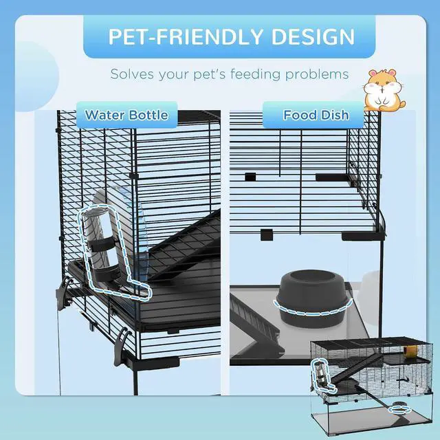 Alt view image 4 of 7 - PawHut Large Hamster Cage Deep Tempered Glass Bottom 30"x19"x21.5" Black | 3 Tiers Hamster Tank, Running Wheel, Hut, Water Bottle, Dish, Rat Cage for Syrian, Dwarf, Gerbils, Mouse