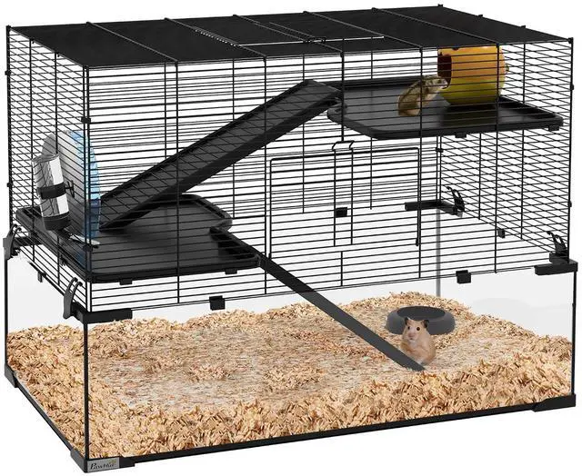 Main image of PawHut Large Hamster Cage Deep Tempered Glass Bottom 30"x19"x21.5" Black | 3 Tiers Hamster Tank, Running Wheel, Hut, Water Bottle, Dish, Rat Cage for Syrian, Dwarf, Gerbils, Mouse