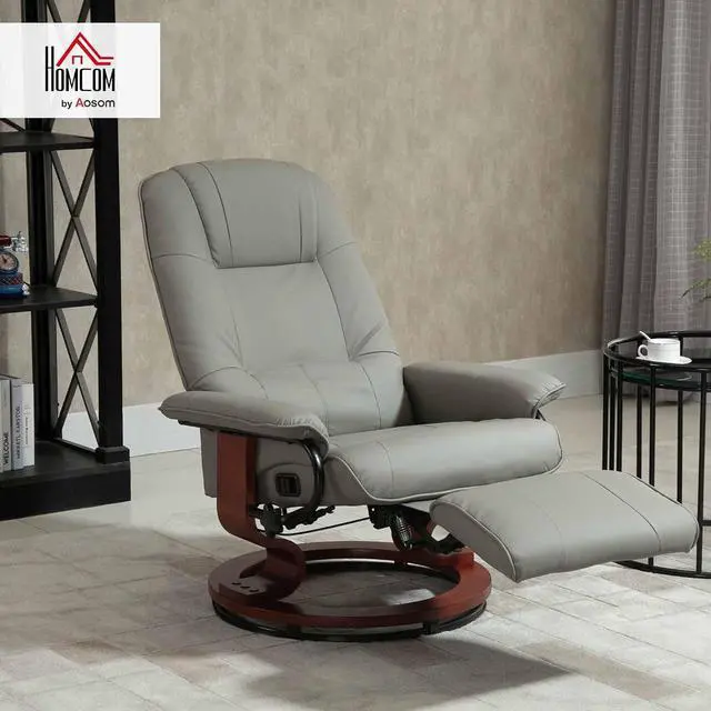 Alt view image 2 of 7 - Swivel Recliner Chair, PU Leather Reclining Armchair, Gray | with Retractable Footrest, Wood Base, Adjustable High Back, for Small Spaces, Living Room, RV, Bedroom