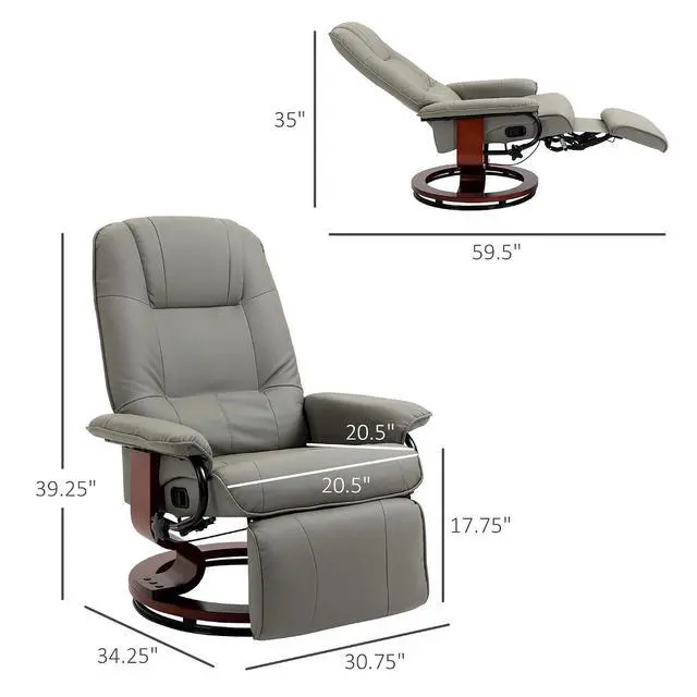 Alt view image 3 of 7 - Swivel Recliner Chair, PU Leather Reclining Armchair, Gray | with Retractable Footrest, Wood Base, Adjustable High Back, for Small Spaces, Living Room, RV, Bedroom