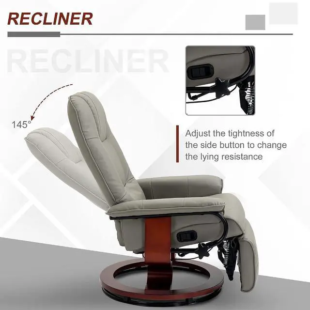 Alt view image 4 of 7 - Swivel Recliner Chair, PU Leather Reclining Armchair, Gray | with Retractable Footrest, Wood Base, Adjustable High Back, for Small Spaces, Living Room, RV, Bedroom