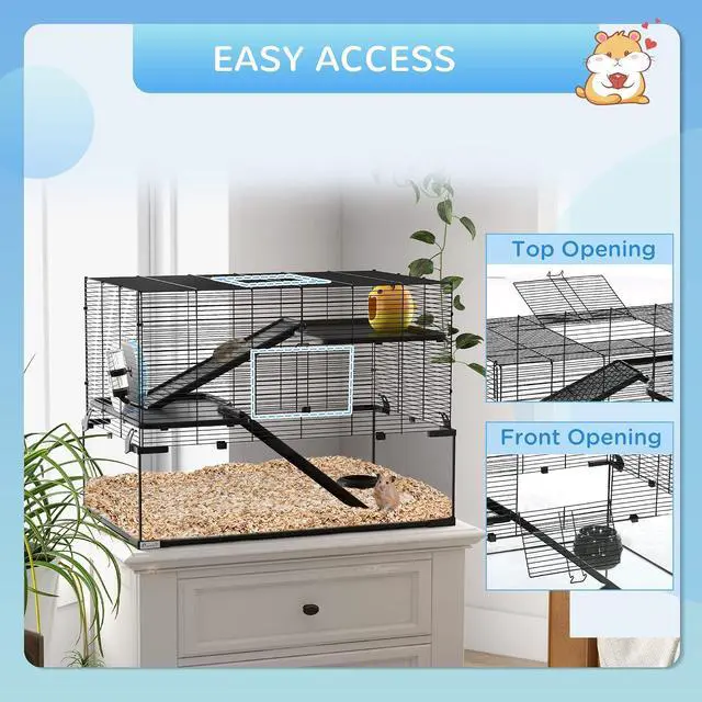 Alt view image 6 of 7 - PawHut Large Hamster Cage Deep Tempered Glass Bottom 30"x19"x21.5" Black | 3 Tiers Hamster Tank, Running Wheel, Hut, Water Bottle, Dish, Rat Cage for Syrian, Dwarf, Gerbils, Mouse