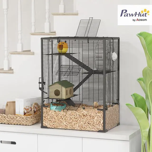 Alt view image 2 of 7 - PawHut Large Hamster Cage 9" Deep Tempered Glass Bottom 24"x16"x31.5" Black | 4 Tiers Hamster Tank, Running Wheel, Hut, Water Bottle, Dish, Rat Cage for Syrian, Dwarf, Gerbils, Mouse