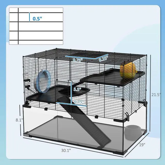 Alt view image 7 of 7 - PawHut Large Hamster Cage Deep Tempered Glass Bottom 30"x19"x21.5" Black | 3 Tiers Hamster Tank, Running Wheel, Hut, Water Bottle, Dish, Rat Cage for Syrian, Dwarf, Gerbils, Mouse