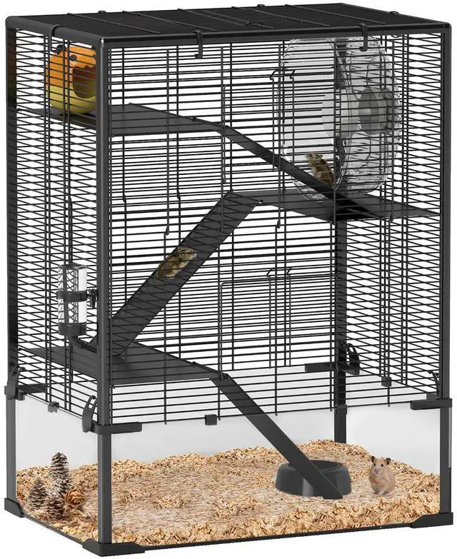 Main image of PawHut Large Hamster Cage 9" Deep Tempered Glass Bottom 24"x16"x31.5" Black | 4 Tiers Hamster Tank, Running Wheel, Hut, Water Bottle, Dish, Rat Cage for Syrian, Dwarf, Gerbils, Mouse