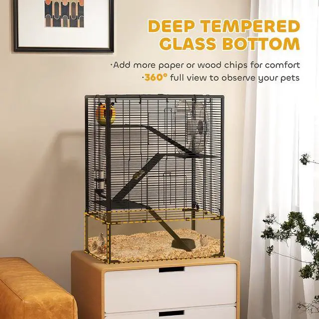 Alt view image 3 of 7 - PawHut Large Hamster Cage 9" Deep Tempered Glass Bottom 24"x16"x31.5" Black | 4 Tiers Hamster Tank, Running Wheel, Hut, Water Bottle, Dish, Rat Cage for Syrian, Dwarf, Gerbils, Mouse
