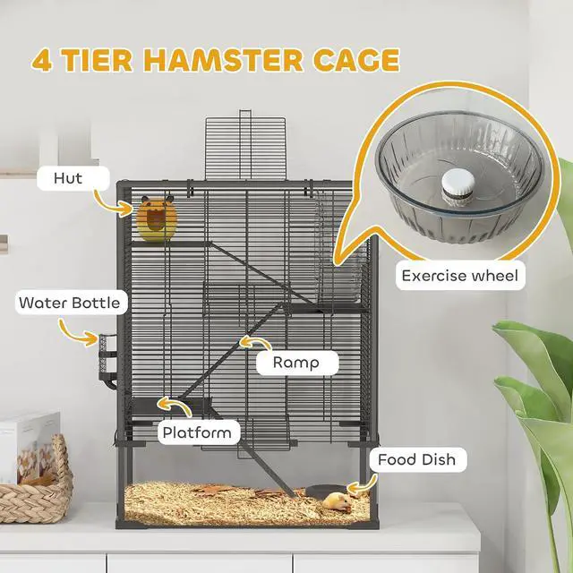 Alt view image 4 of 7 - PawHut Large Hamster Cage 9" Deep Tempered Glass Bottom 24"x16"x31.5" Black | 4 Tiers Hamster Tank, Running Wheel, Hut, Water Bottle, Dish, Rat Cage for Syrian, Dwarf, Gerbils, Mouse
