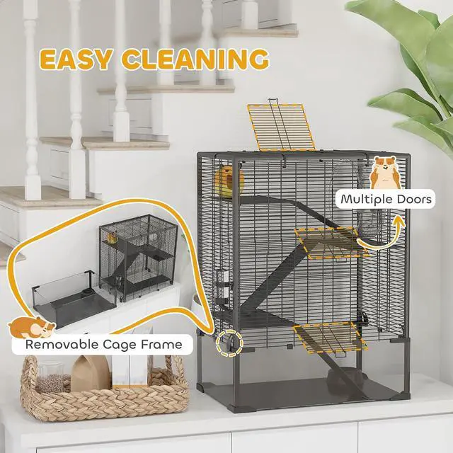 Alt view image 5 of 7 - PawHut Large Hamster Cage 9" Deep Tempered Glass Bottom 24"x16"x31.5" Black | 4 Tiers Hamster Tank, Running Wheel, Hut, Water Bottle, Dish, Rat Cage for Syrian, Dwarf, Gerbils, Mouse