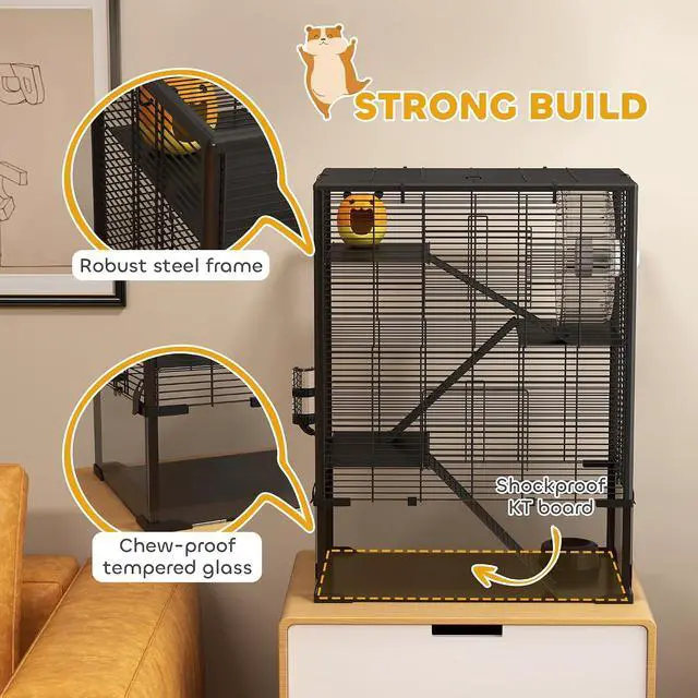Alt view image 6 of 7 - PawHut Large Hamster Cage 9" Deep Tempered Glass Bottom 24"x16"x31.5" Black | 4 Tiers Hamster Tank, Running Wheel, Hut, Water Bottle, Dish, Rat Cage for Syrian, Dwarf, Gerbils, Mouse