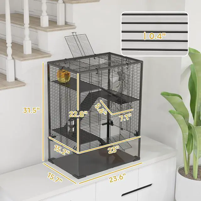Alt view image 7 of 7 - PawHut Large Hamster Cage 9" Deep Tempered Glass Bottom 24"x16"x31.5" Black | 4 Tiers Hamster Tank, Running Wheel, Hut, Water Bottle, Dish, Rat Cage for Syrian, Dwarf, Gerbils, Mouse