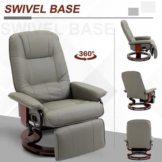 Alt view image 7 of 7 - Swivel Recliner Chair, PU Leather Reclining Armchair, Gray | with Retractable Footrest, Wood Base, Adjustable High Back, for Small Spaces, Living Room, RV, Bedroom