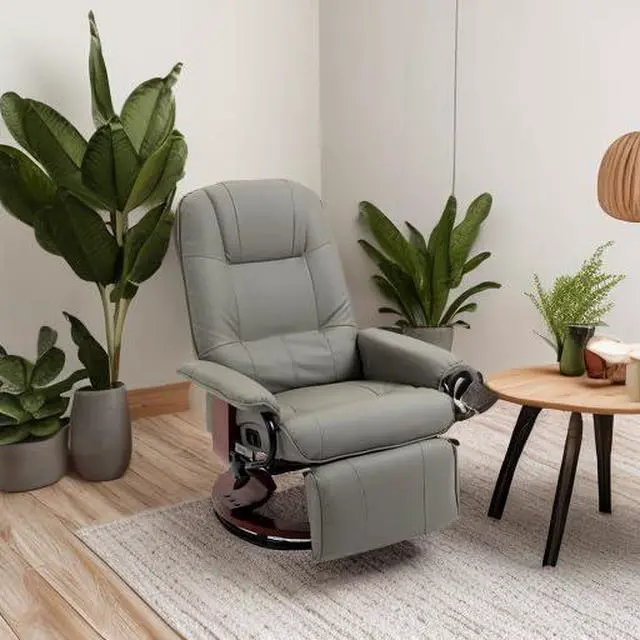 Alt view image 6 of 7 - Swivel Recliner Chair, PU Leather Reclining Armchair, Gray | with Retractable Footrest, Wood Base, Adjustable High Back, for Small Spaces, Living Room, RV, Bedroom