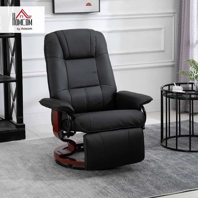 Alt view image 2 of 7 - Swivel Recliner Chair, PU Leather Reclining Armchair, Black | with Retractable Footrest, Wood Base, Adjustable High Back, for Small Spaces, Living Room, RV, Bedroom