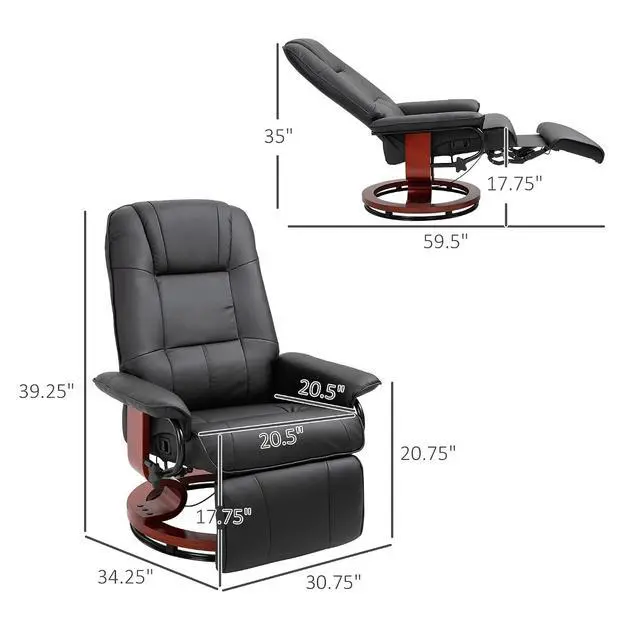 Alt view image 3 of 7 - Swivel Recliner Chair, PU Leather Reclining Armchair, Black | with Retractable Footrest, Wood Base, Adjustable High Back, for Small Spaces, Living Room, RV, Bedroom
