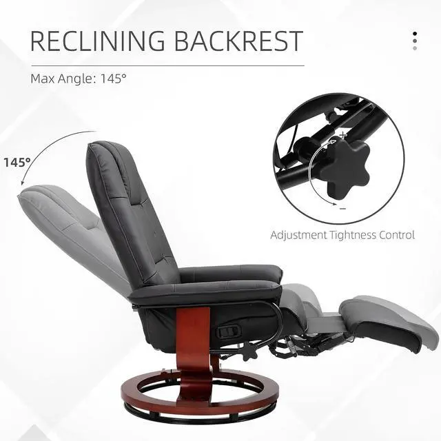 Alt view image 4 of 7 - Swivel Recliner Chair, PU Leather Reclining Armchair, Black | with Retractable Footrest, Wood Base, Adjustable High Back, for Small Spaces, Living Room, RV, Bedroom